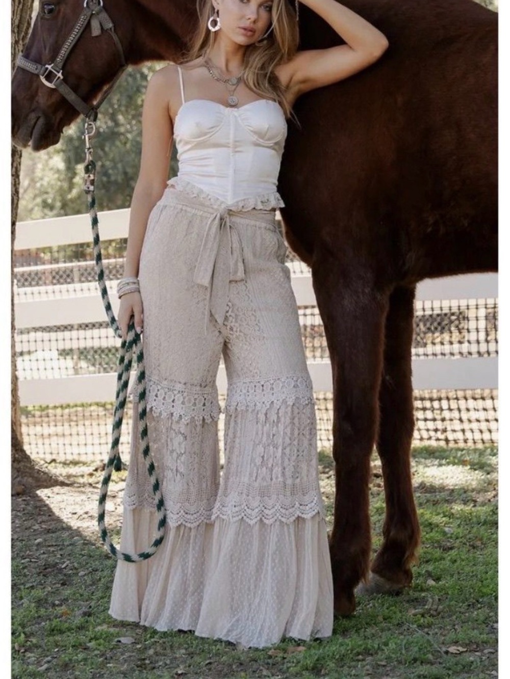 Cream Lace Wide-Leg Boho Pants with Tie Waist